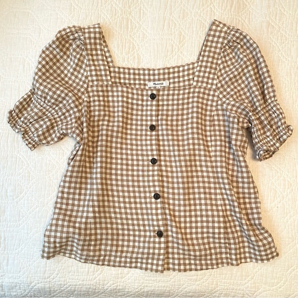 Madewell Gingham Jacquard Square Neck Puff Sleeve Top Women’s Size L - Picture 1 of 11
